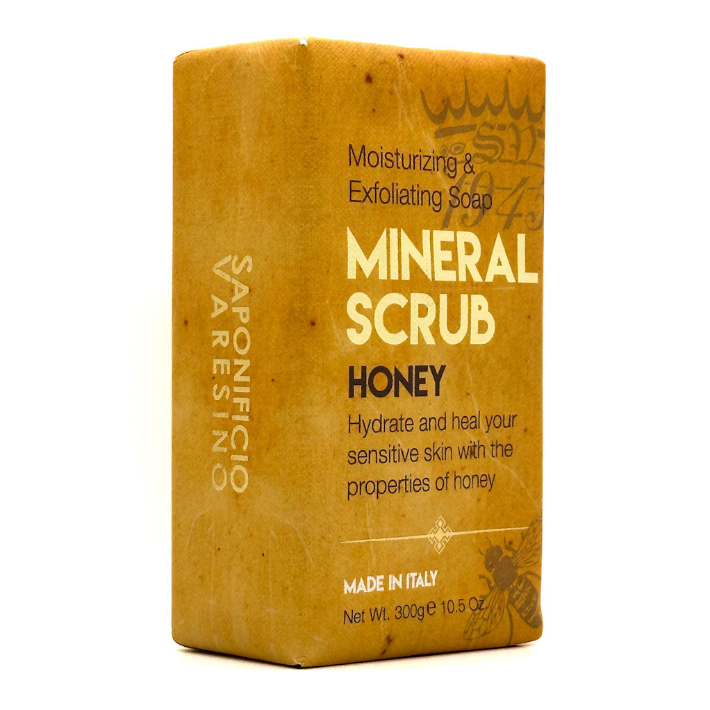 Bar of soap labeled 'Mineral Scrub Honey' by Saponificio Varesino on a white background