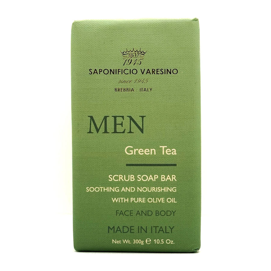 Green Tea scrub soap bar packaging with Saponificio Varesino branding on a white background