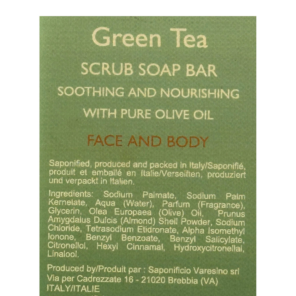 Green tea scrub soap bar label with text on a green background
