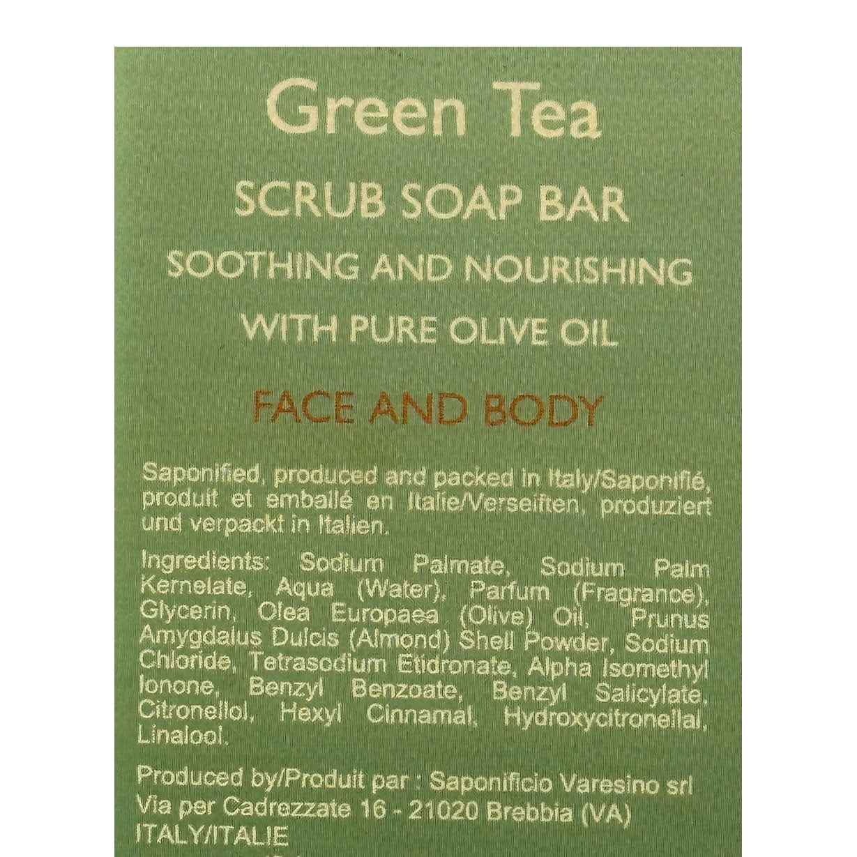 Green tea scrub soap bar label with text on a green background