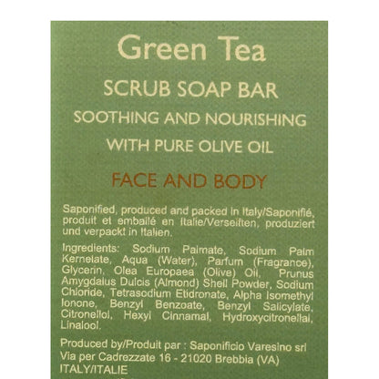 Green tea scrub soap bar label with text on a green background