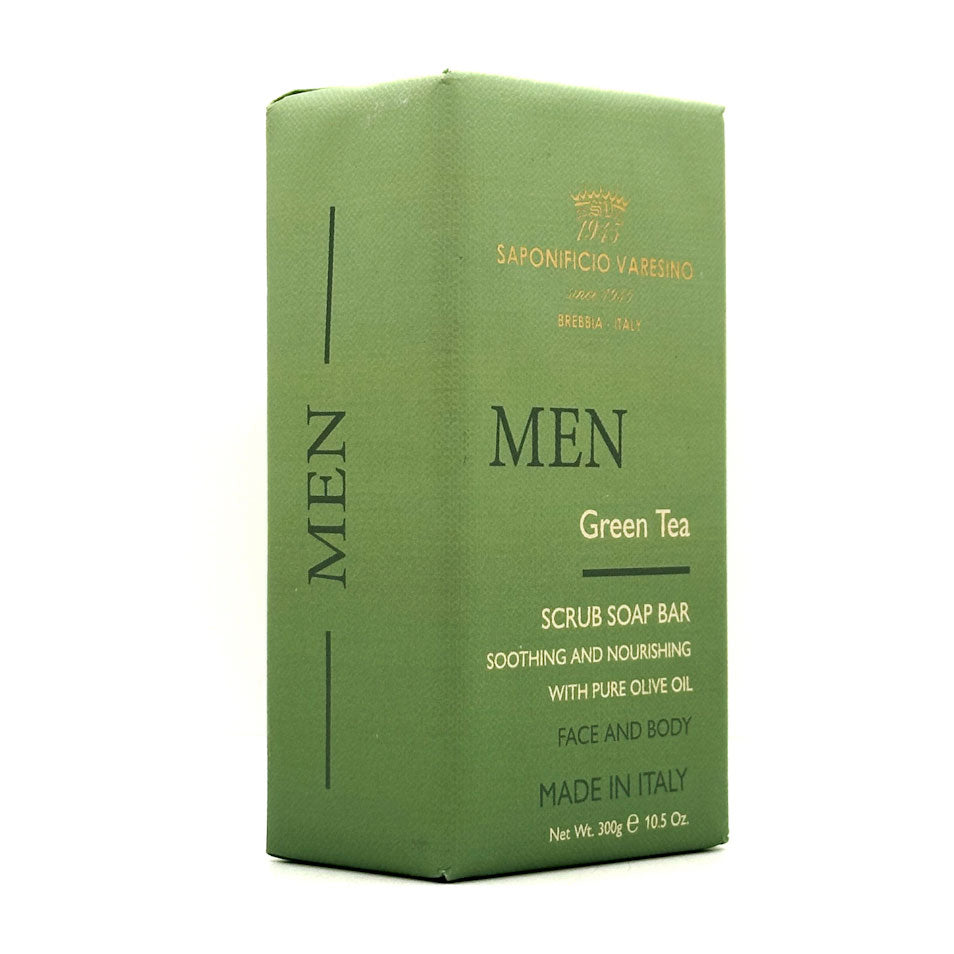 Green Tea scrub soap bar packaging with Saponificio Varesino branding on a white background