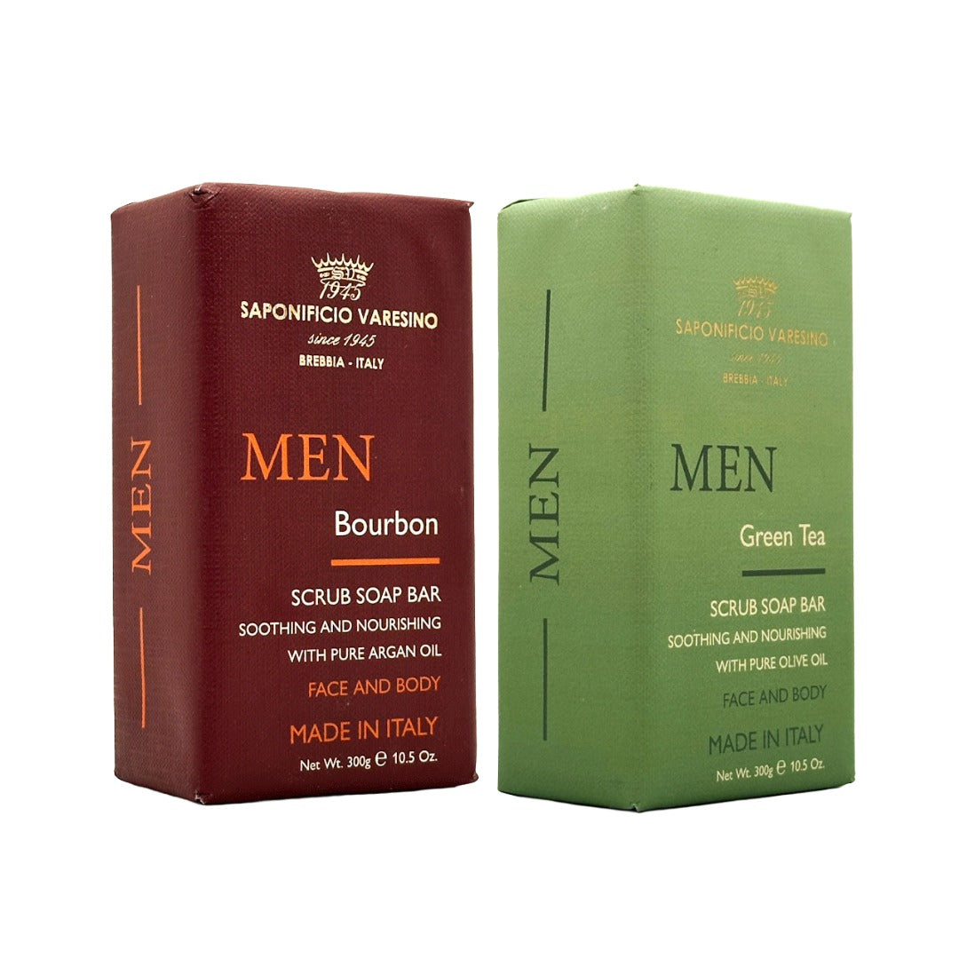 Two scrub soap bars for men, one red and one green, with 'Saponificio Varesino' branding on a white background.
