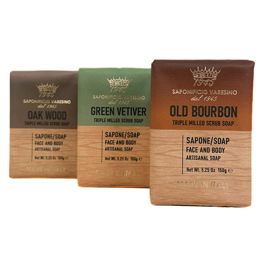 Saponificio Varesino scrub soap collection with different scents on a white background