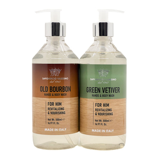 Two clear pump bottles of Saponificio Varesino hand and body wash side by side on a white background. The left bottle is labeled 'Old Bourbon' with a brown and beige label, and the right bottle is labeled 'Green Vetiver' with a green and beige label.