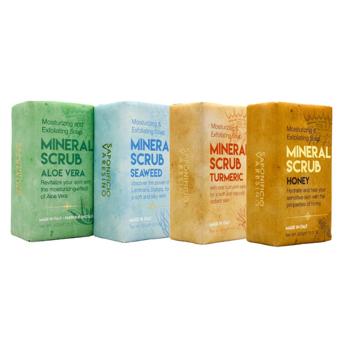 Saponificio Varesino Mineral Scrub soap with different fragrances on a white background