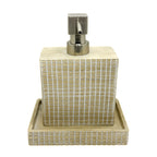 Soap dispenser with woven design on a white background