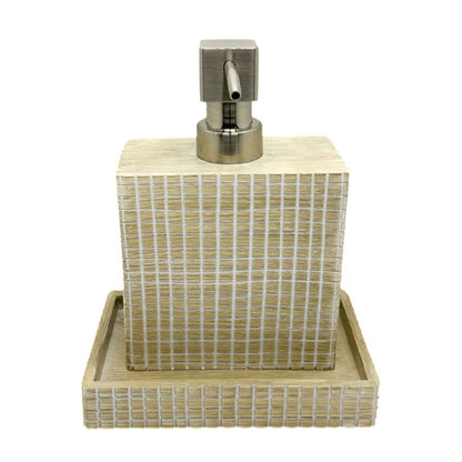 Soap dispenser with woven design on a white background
