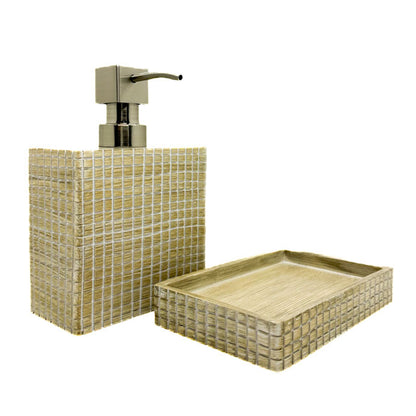 Bathroom set with woven soap dispenser and tray on a white background