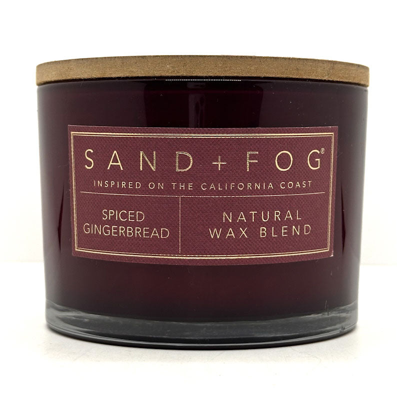Spiced Gingerbread Candle with 'Sand + Fog' label on a white background