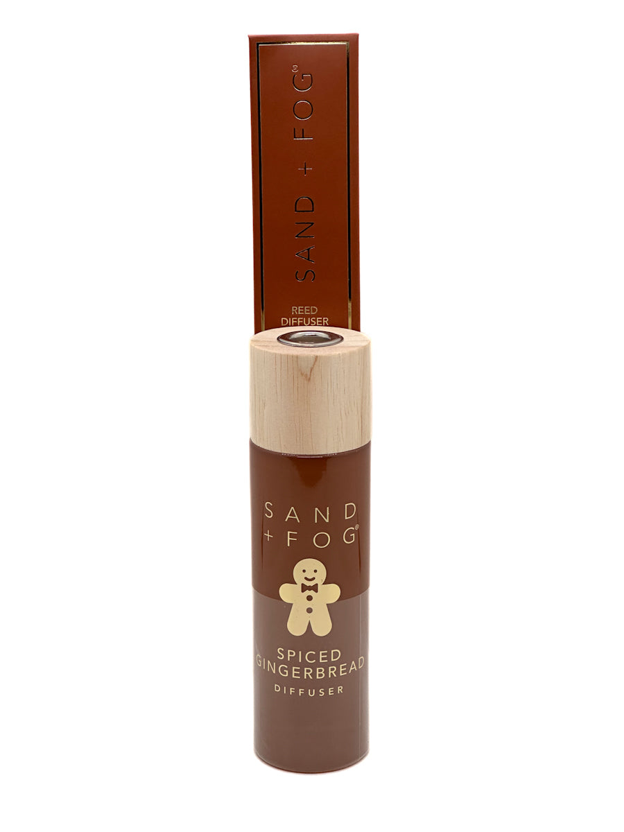 Spiced Gingerbread reed diffuser by Sand & Fog with wooden cap on white background