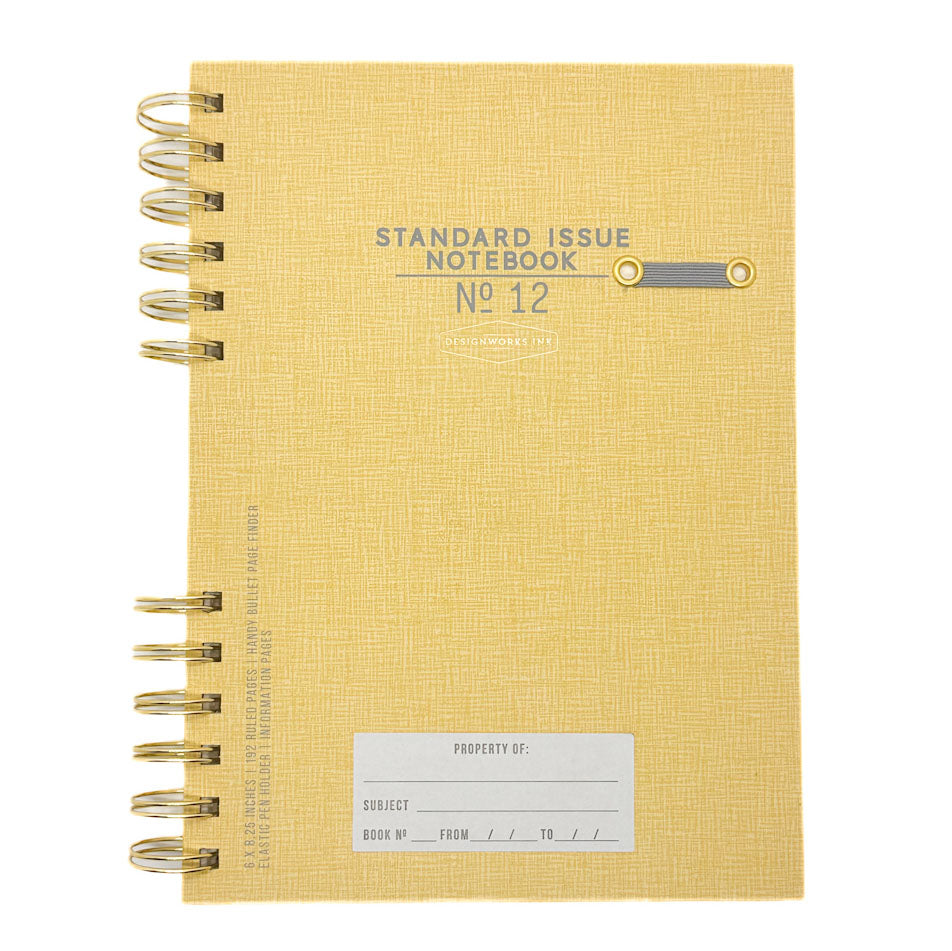 Yellow notebook with 'Standard Issue Notebook No. 12' text on a white background