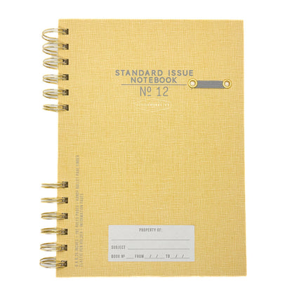 Yellow notebook with 'Standard Issue Notebook No. 12' text on a white background