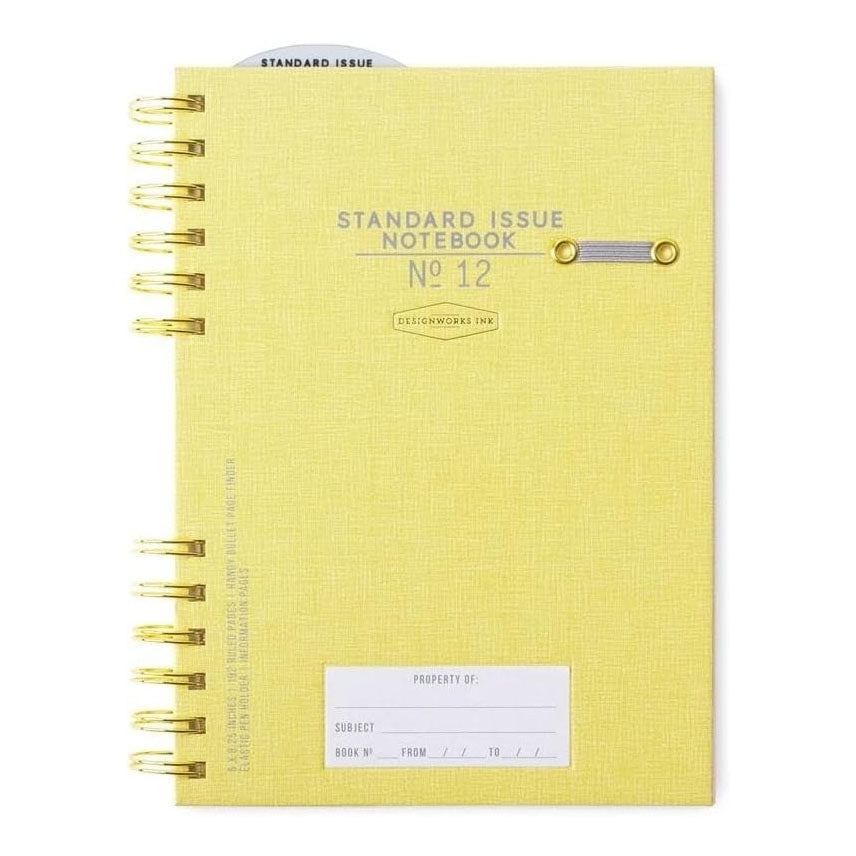 Yellow notebook with 'Standard Issue Notebook No. 12' text on a white background