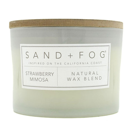 Strawberry Mimosa Candle with 'Sand + Fog' label on a white background