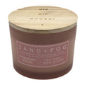 Strawberry Mimosa candle with wooden lid labeled 'Sand + Fog' on a white background