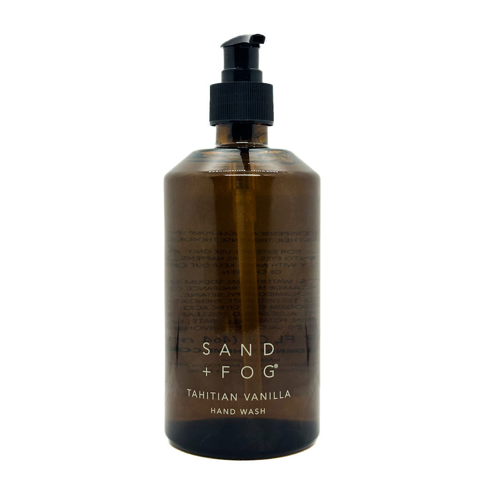 Brown bottle of Sand + Fog Tahitian Vanilla hand wash on a white background