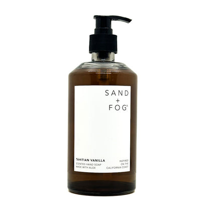 Tahitian Vanilla Hand soap bottle with pump labeled 'Sand + Fog' on a white background