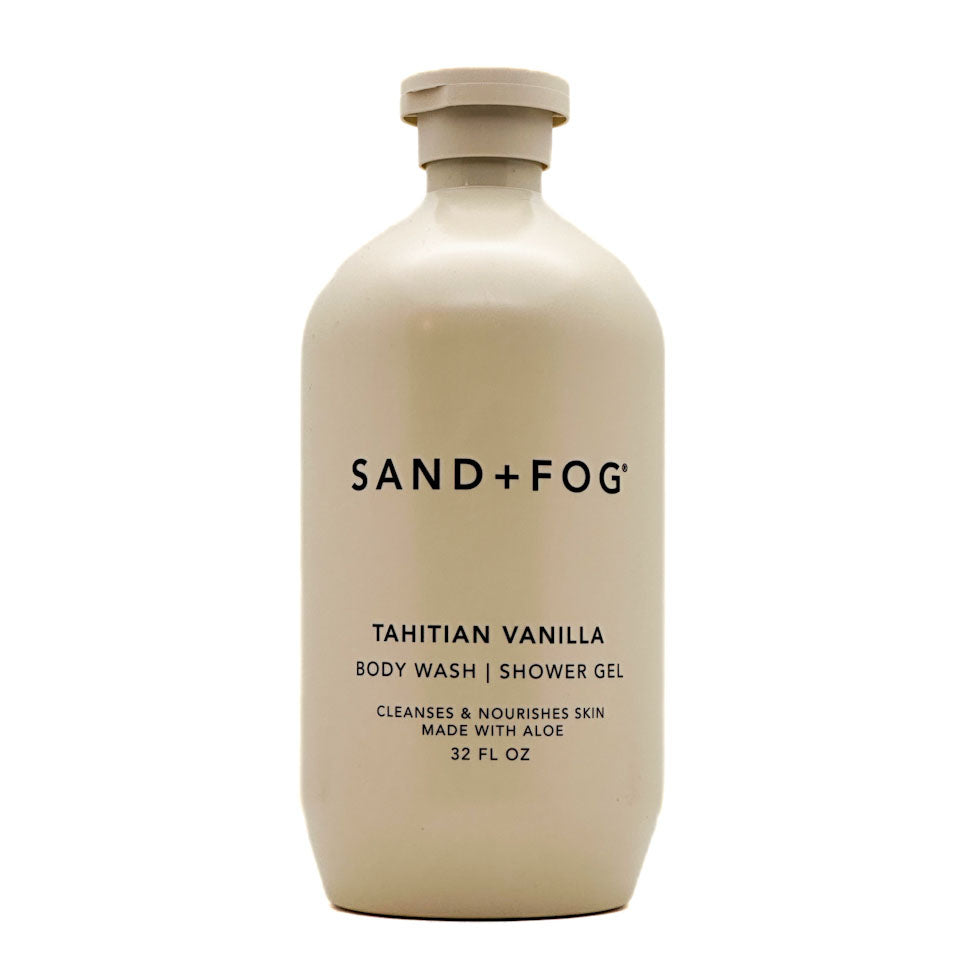 Beige bottle of Sand + Fog Tahitian Vanilla body wash on a white background