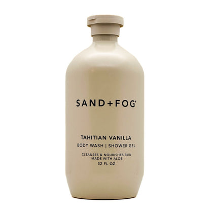 Beige bottle of Sand + Fog Tahitian Vanilla body wash on a white background