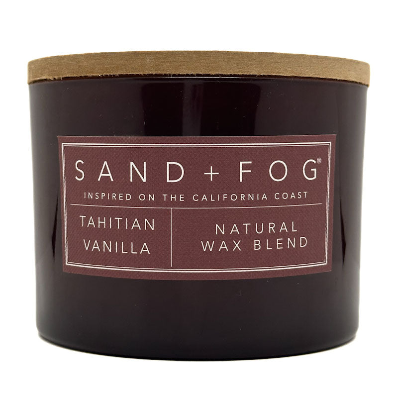 Tahitian Vanilla Candle with 'Sand + Fog' label on a white background