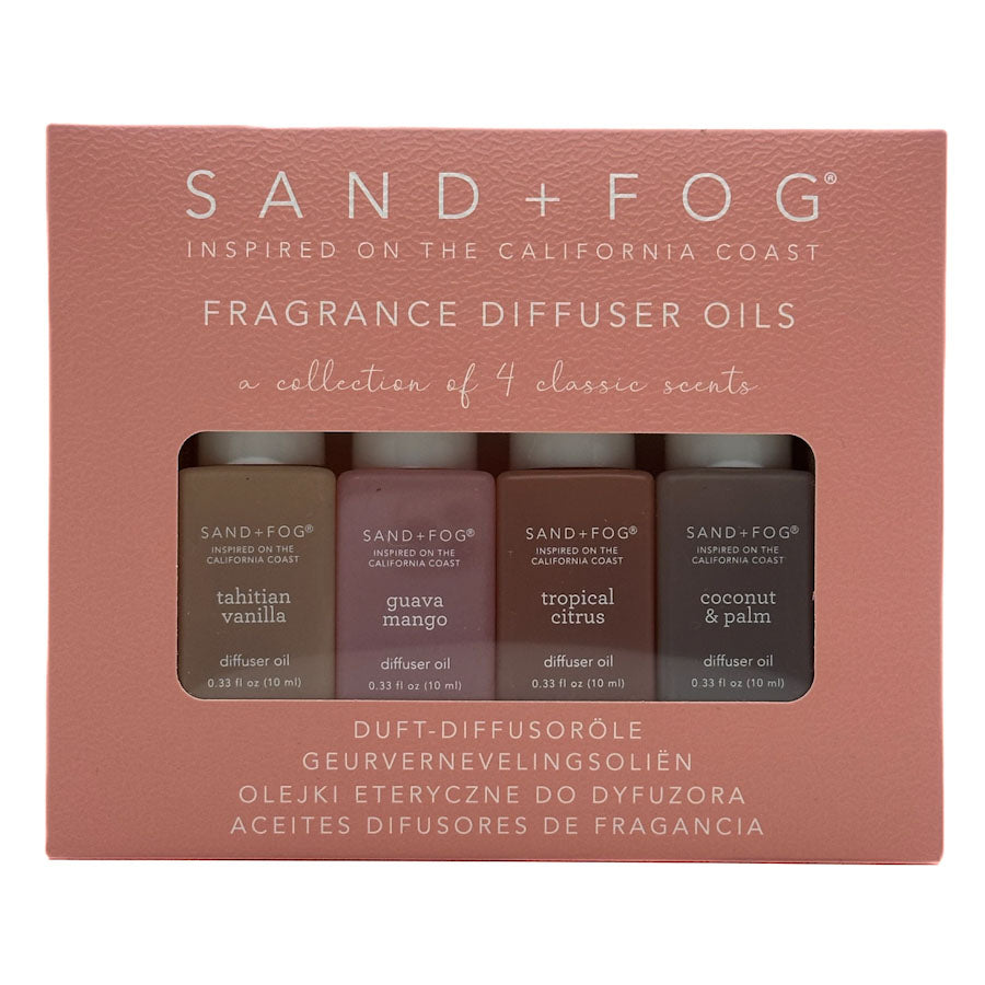 Box of Sand + Fog fragrance diffuser oils with four small bottles inside.