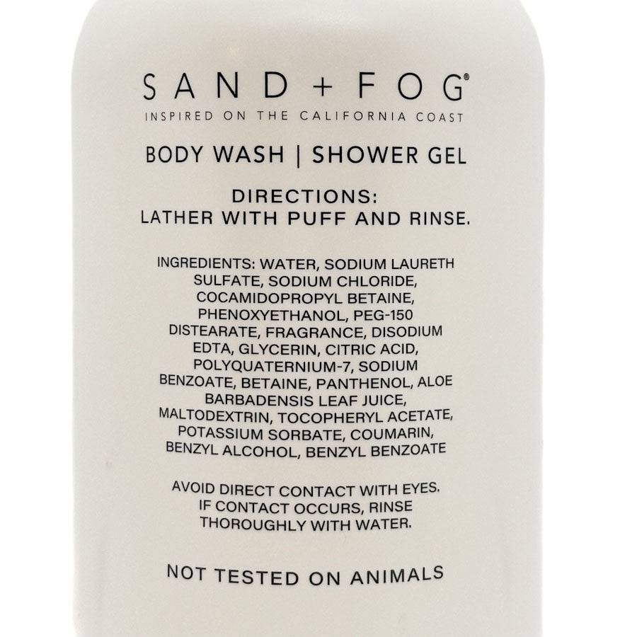 Sand + Fog body wash or shower gel container with label on a white background