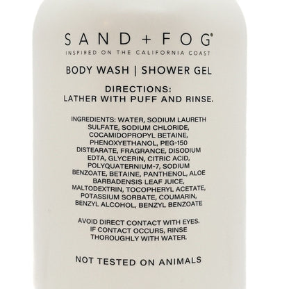 Sand + Fog body wash or shower gel container with label on a white background