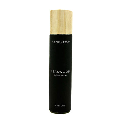 SAND + FOG Teakwood black room spray bottle with a wooden cap on a white background