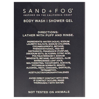 A black rectangular product card for Sand + Fog Body Wash and Shower Gel, featuring white text with directions, ingredients, and animal testing status.