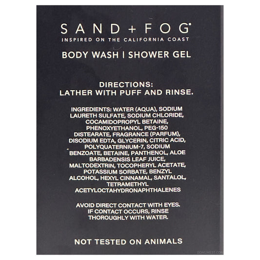 A black rectangular product card for Sand + Fog Body Wash and Shower Gel, featuring white text with directions, ingredients, and animal testing status.