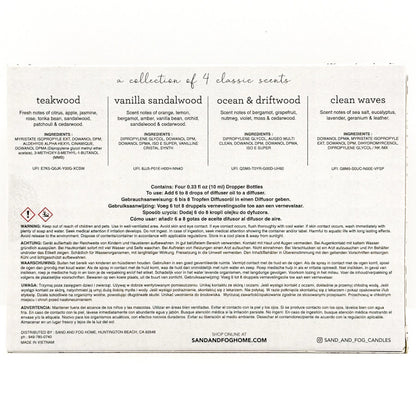The back of a Sand and Fog Candles product box, showing scent notes for teakwood, vanilla sandalwood, ocean & driftwood, and clean waves, along with ingredients, usage, warnings, and shop information.
