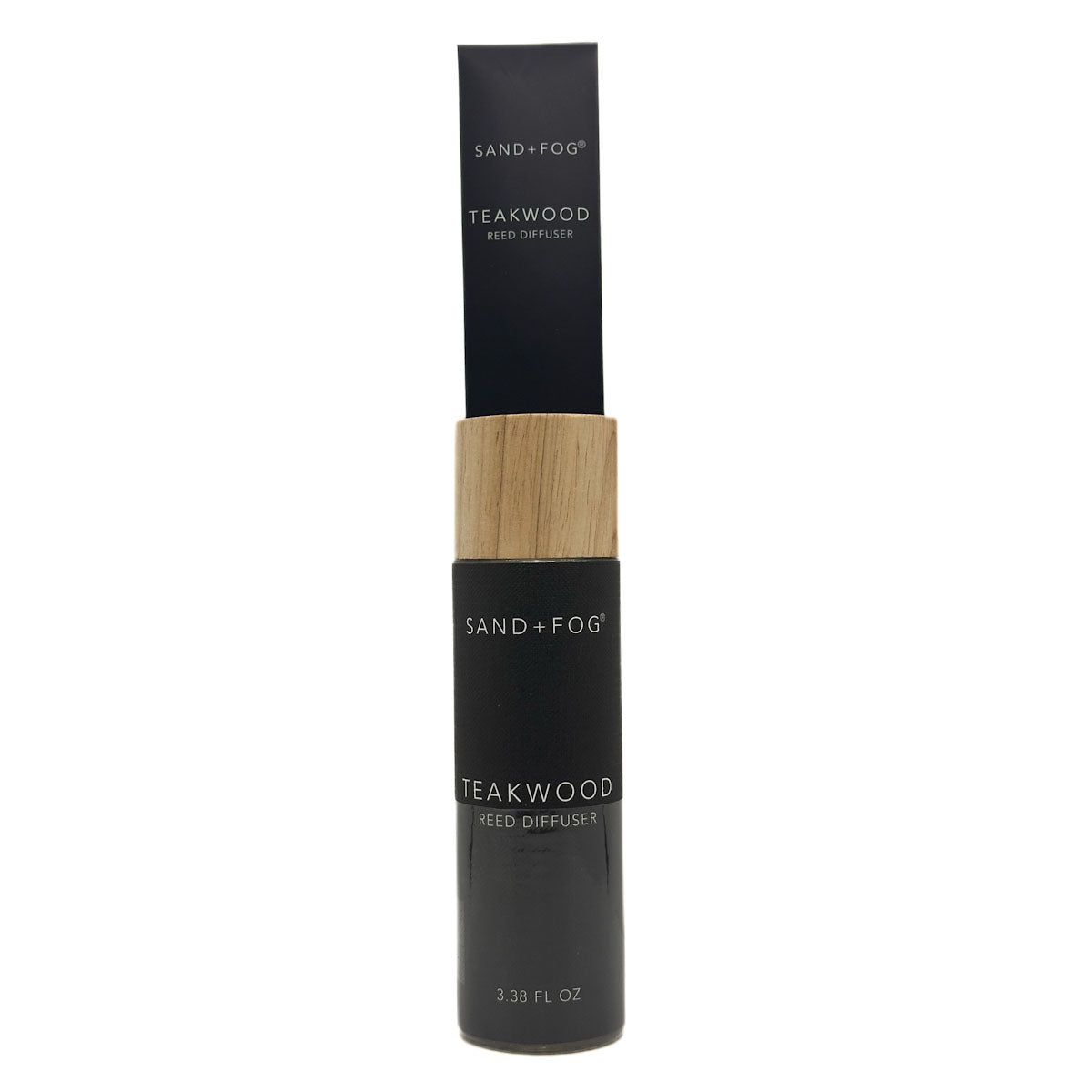 Black and wood Teakwood reed diffuser bottle labeled 'Sand + Fog' on a white background