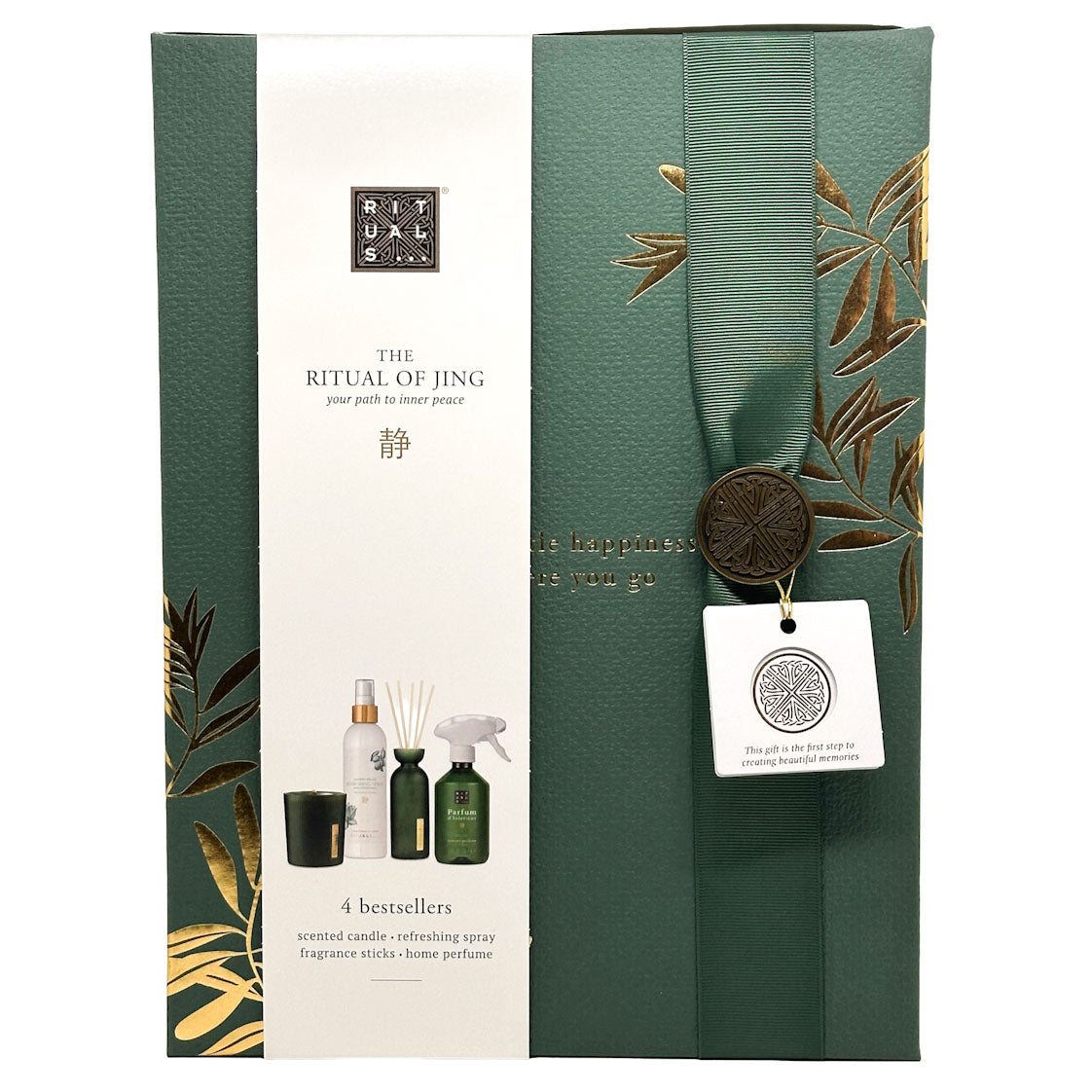 RITUALS Green gift box with decorative elements and a tag, featuring 'The Ritual of Jing' branding.