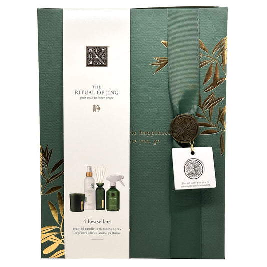 RITUALS Green gift box with decorative elements and a tag, featuring 'The Ritual of Jing' branding.