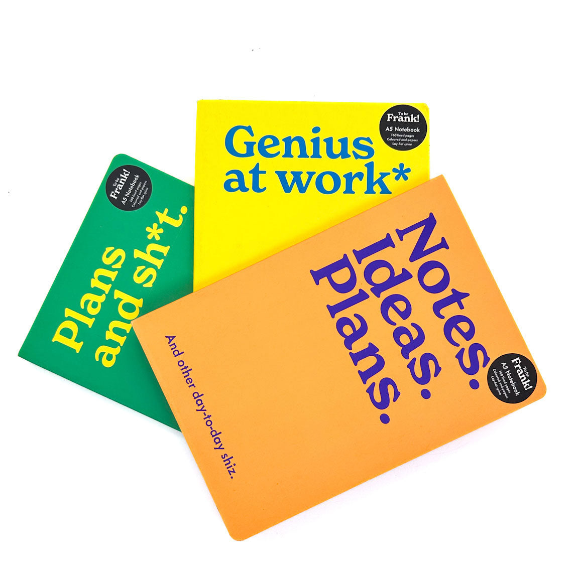 To Be Frank colorful notebooks with text on a white background