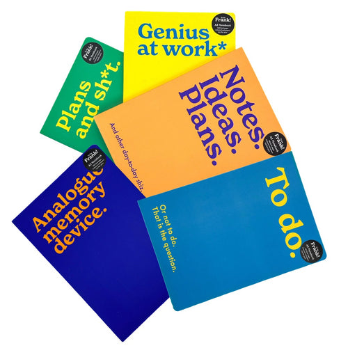 To be Frank colourful notebooks with phrases on a white background