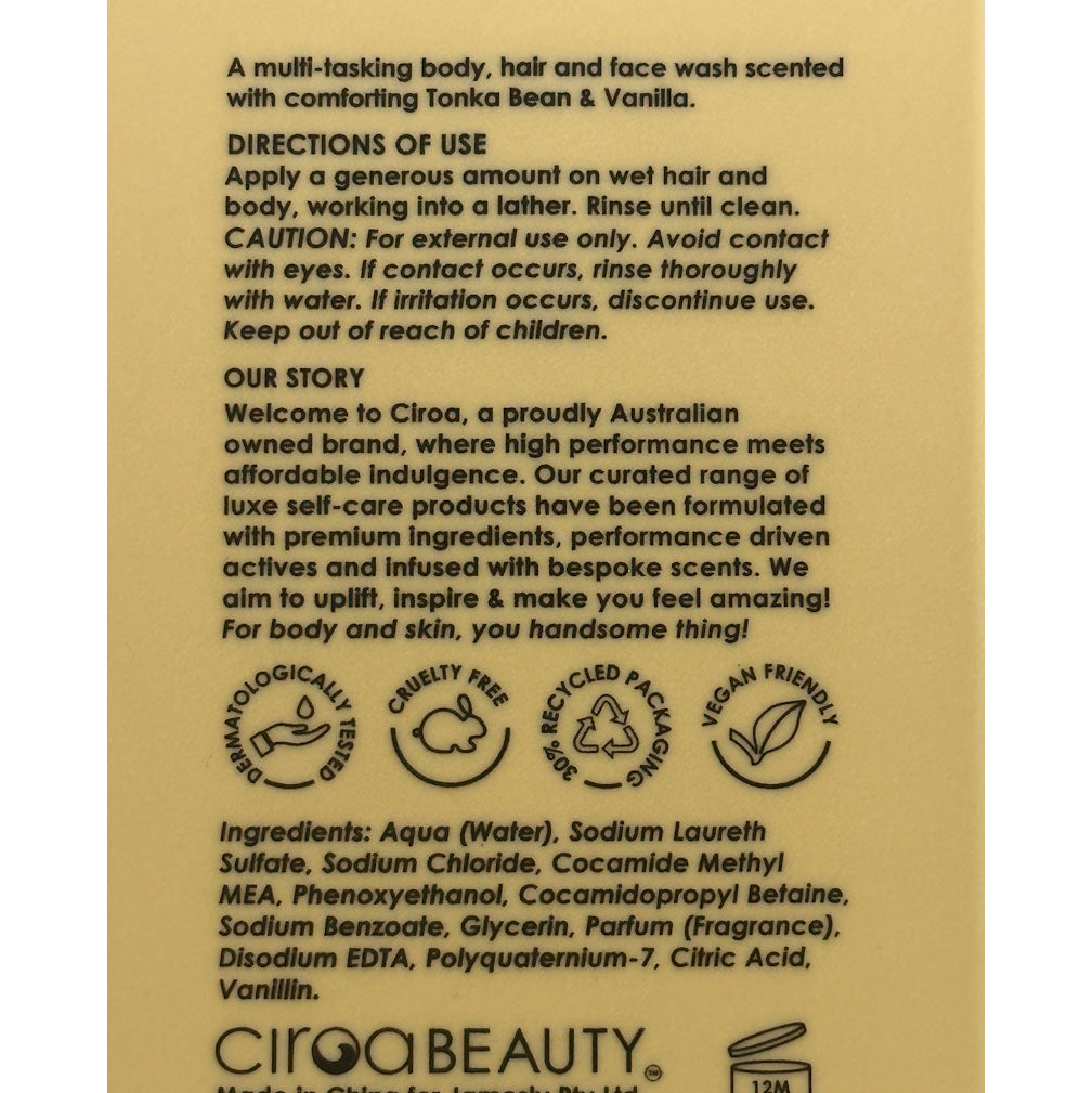 The back of a Ciroa Beauty body wash bottle packaging, showing product details, directions of use, ingredients, and eco-certification logos on a beige background.