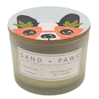 Tropical Citrus Candle with a cartoon dog face lid labeled 'Sand + Paws' on a white background