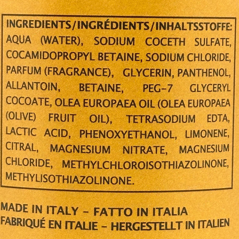 List of ingredients on a yellow background with black text.