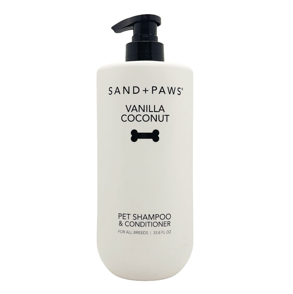 Sand + Paws Vanilla Coconut pet shampoo & conditioner bottle on a white background