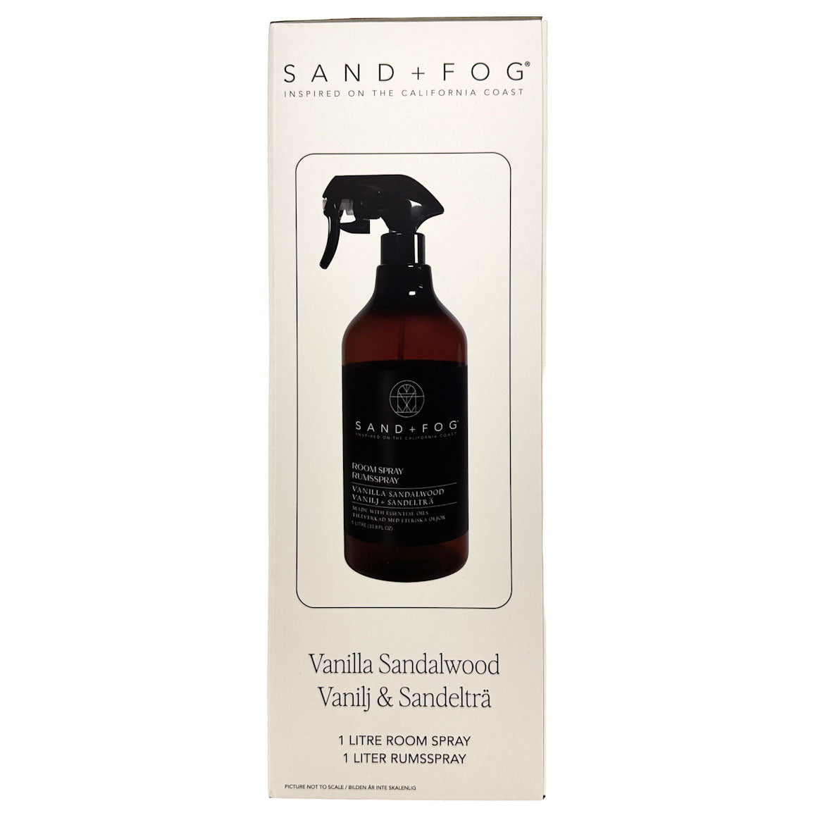 Sand + Fog Vanilla Sandalwood room spray bottle on a white background