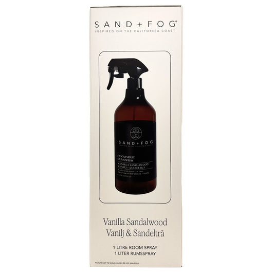 Sand + Fog Vanilla Sandalwood room spray bottle on a white background