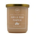 A DW Home Vanilla Bean Pumpkin scented candle in a matte taupe jar with a metallic gold lid, shown on a clean white background.