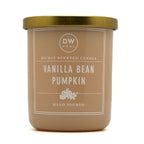 A DW Home Vanilla Bean Pumpkin scented candle in a matte taupe jar with a metallic gold lid, shown on a clean white background.