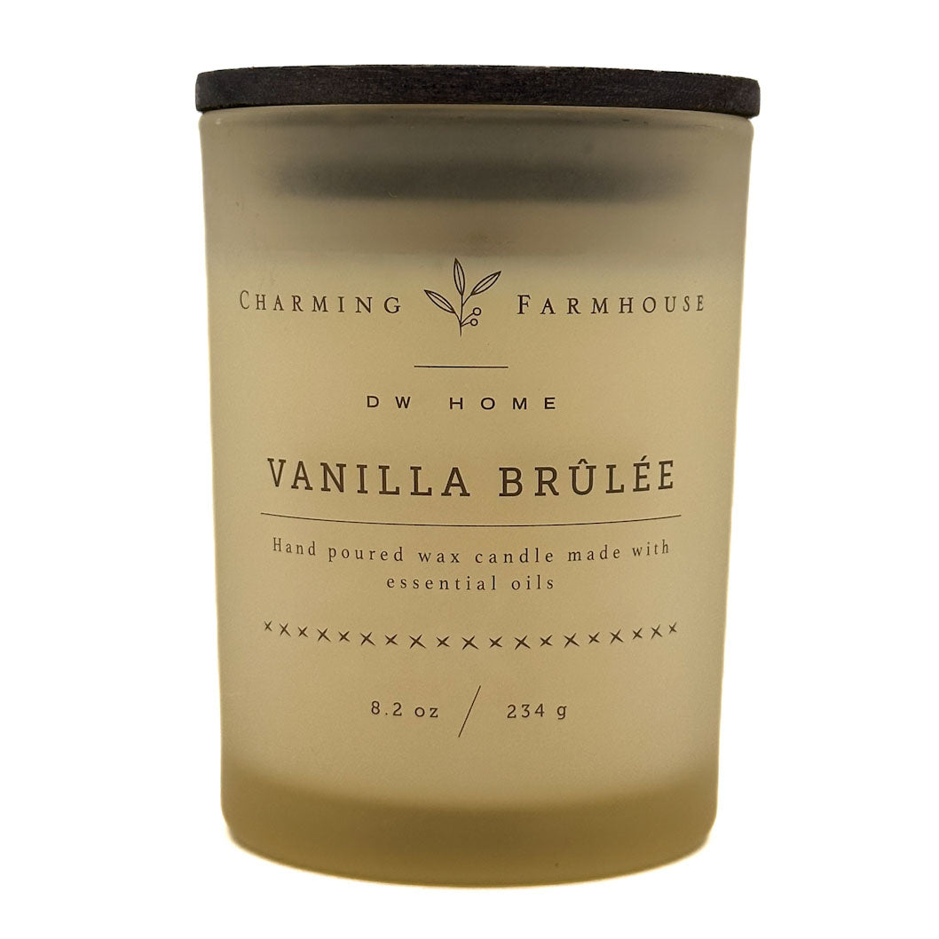 Vanilla Brulèe candle with Charming Farmhouse branding on a white background