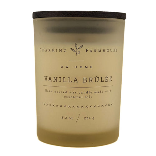 Vanilla Brulèe candle with Charming Farmhouse branding on a white background