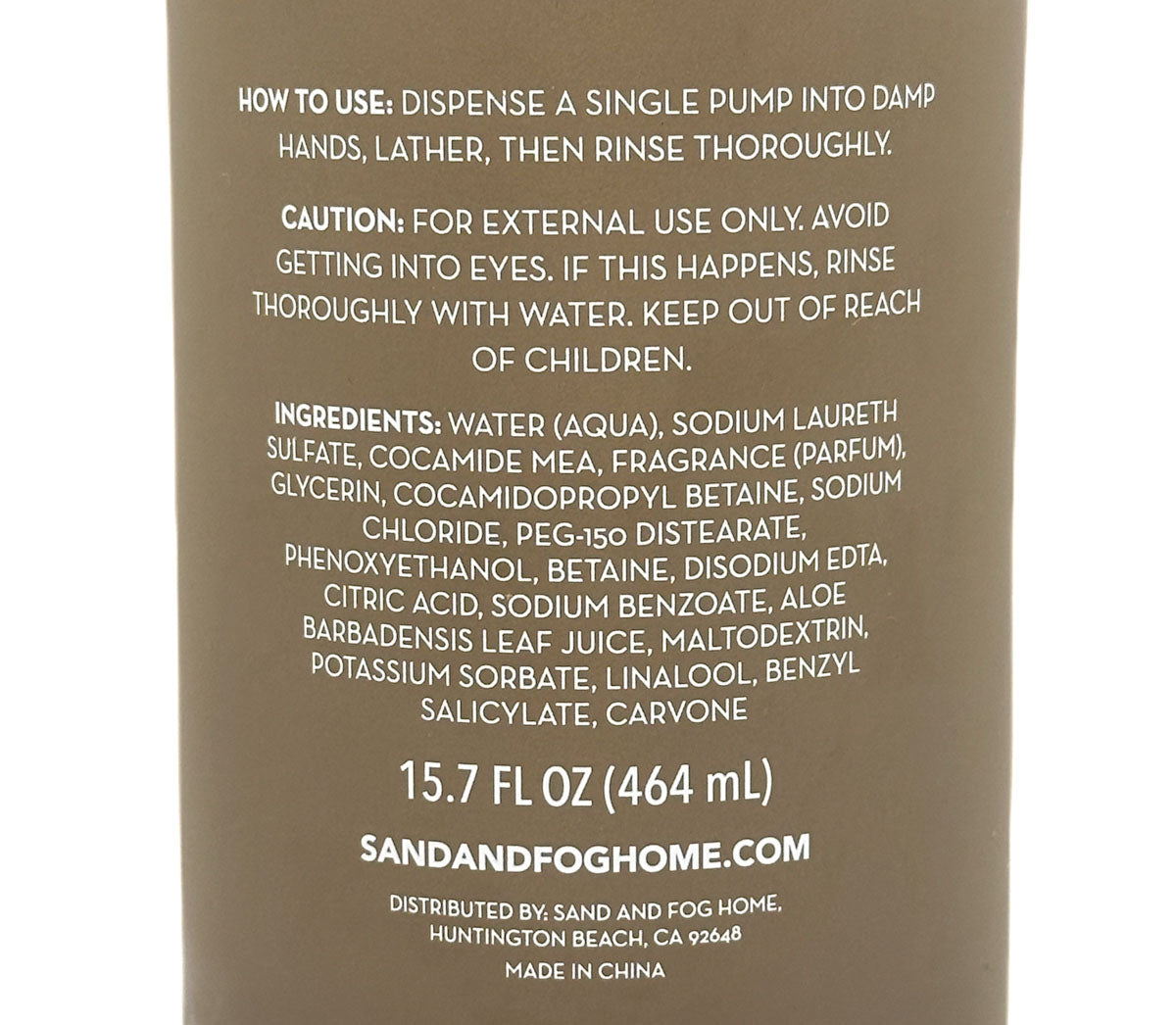 Back label of a product with usage instructions, ingredients, and branding details.