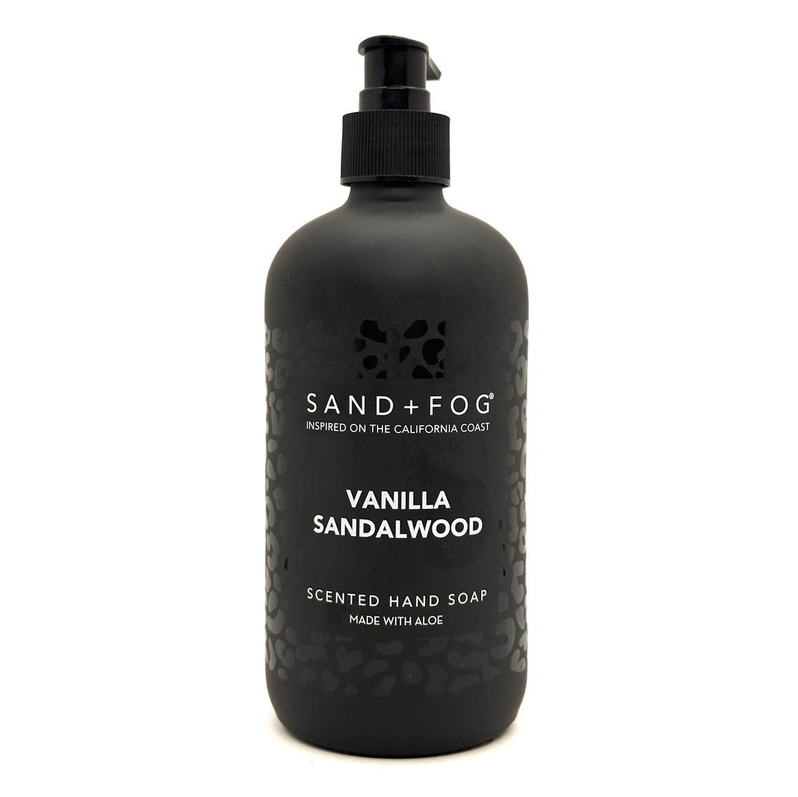 A matte black pump bottle of Sand + Fog Vanilla Sandalwood scented hand soap on a clean white background.