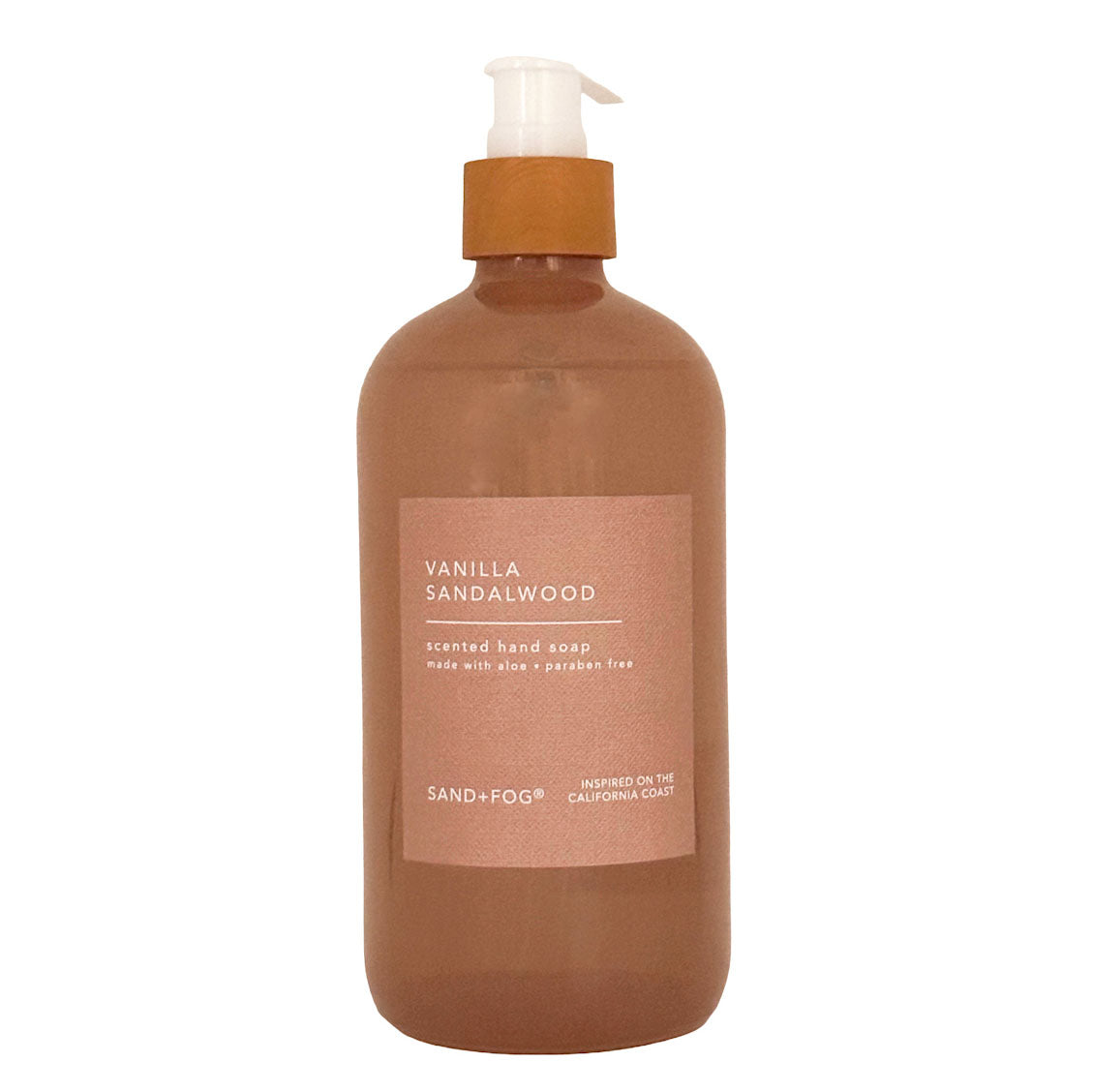 SAND + FOG Vanilla sandalwood scented hand soap bottle with pump on a white background